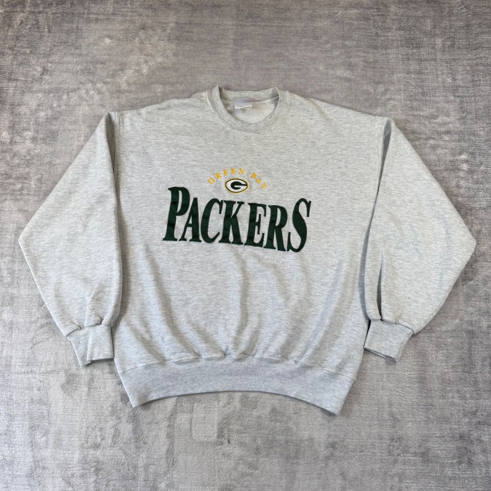 Green Bay Packers Sweatshirt Mens Large Gray Embroidered Chalk Line NFL Crewneck